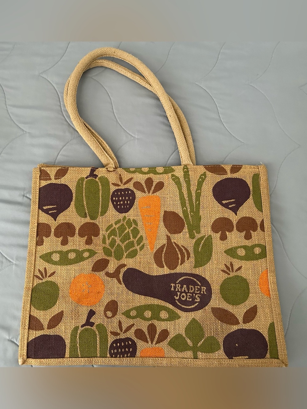 Trader Joe’s Natural Jute Tote Bag with Green, Orange and Brown Produce Print